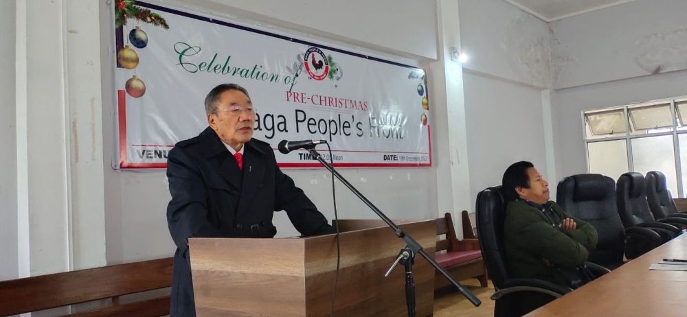 Thenucho Tunyi sharing the Christmas message during the Pre-Christmas celebration of the NPF in Kohima on December 19.